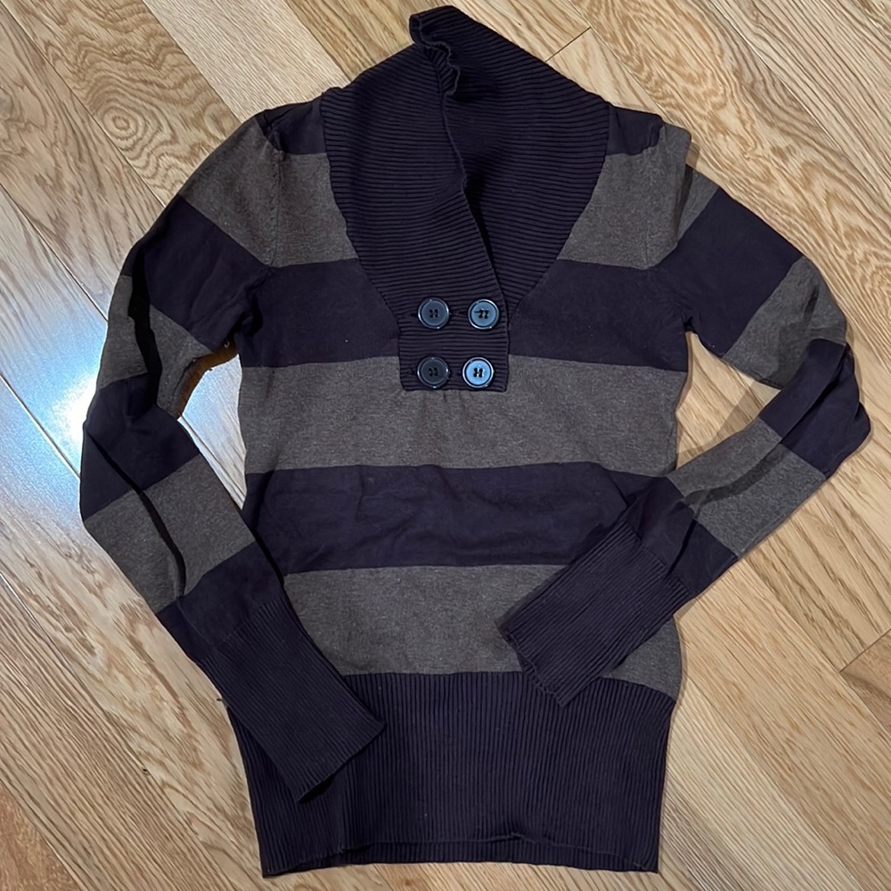 Pink Rose Striped Cowl Neck Sweater in Navy & Gray